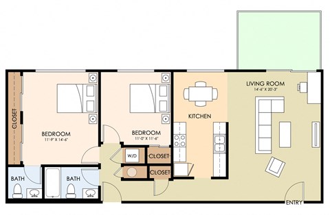 Floor plan for 2 beds, 1.5 baths, 990 sqft